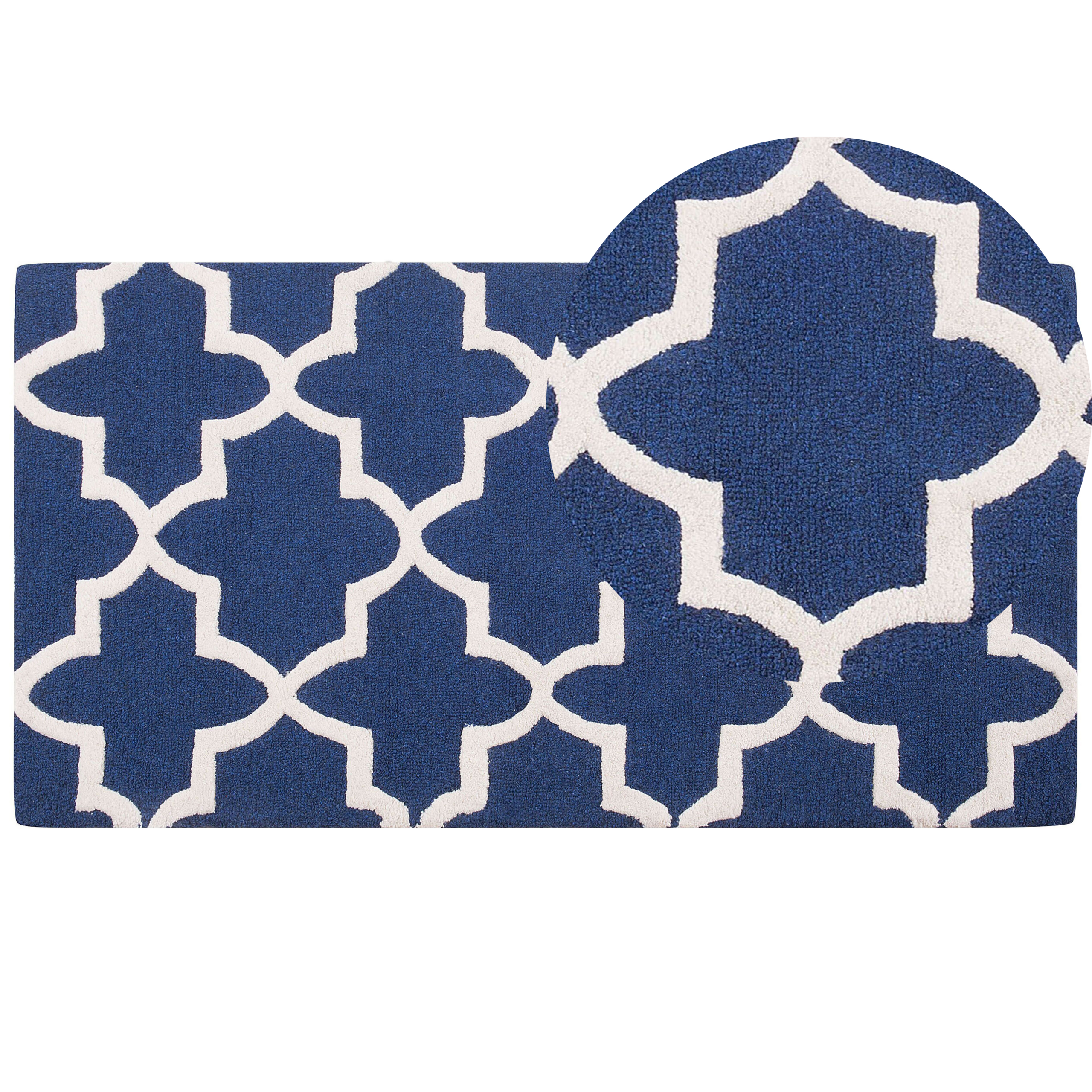 Beliani Area Rug Blue Wool 80 x 150 cm Trellis Quatrefoil Pattern Hand Tufted Oriental Moroccan Clover