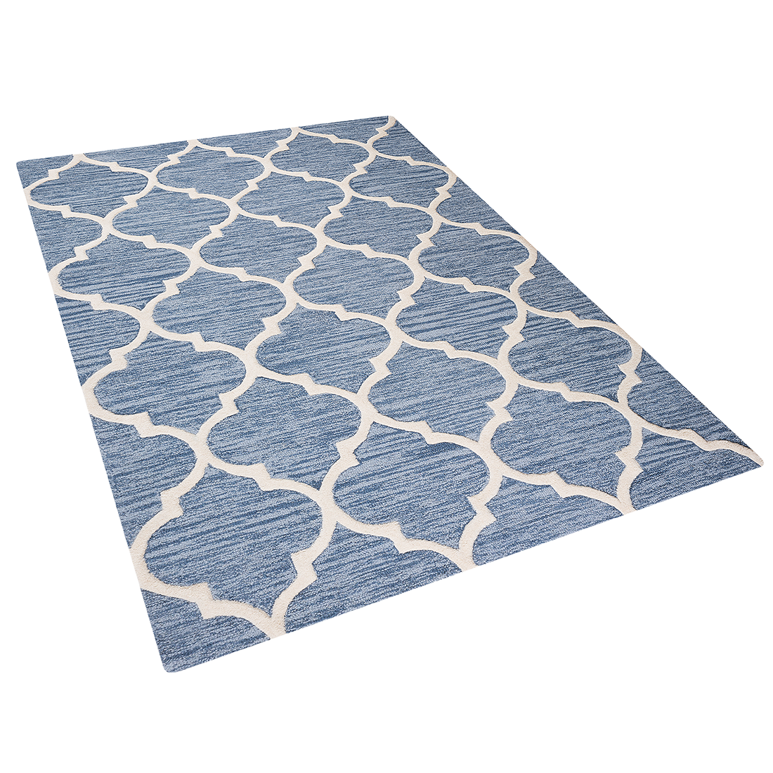 Beliani Rug Blue Wool 140 x 200 cm Trellis Quatrefoil Pattern Hand Tufted Oriental Moroccan Clover