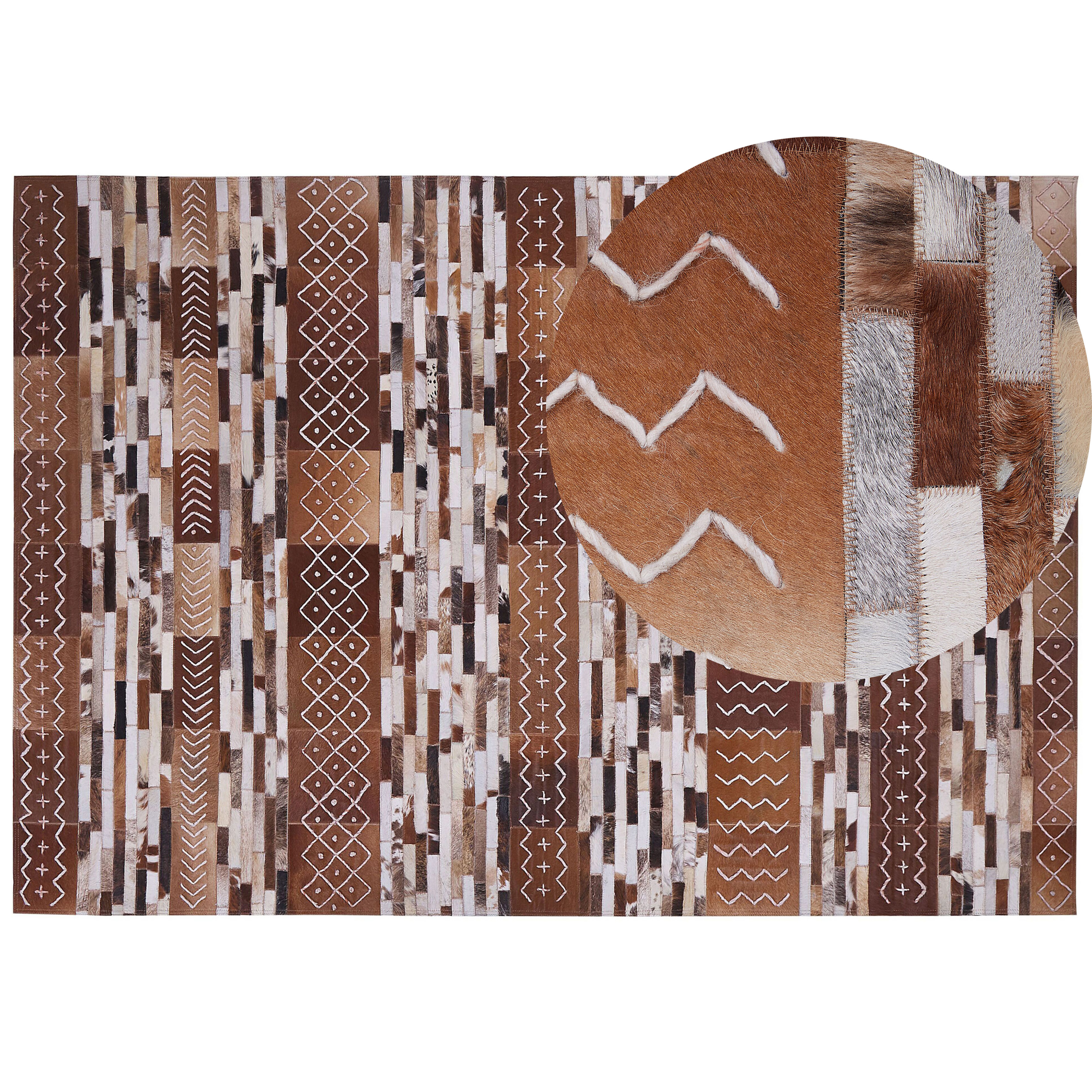 Beliani Cowhide Area Rug Brown Hair on Leather Patchwork Striped Scandinavian Patterns 160 x 230 cm
