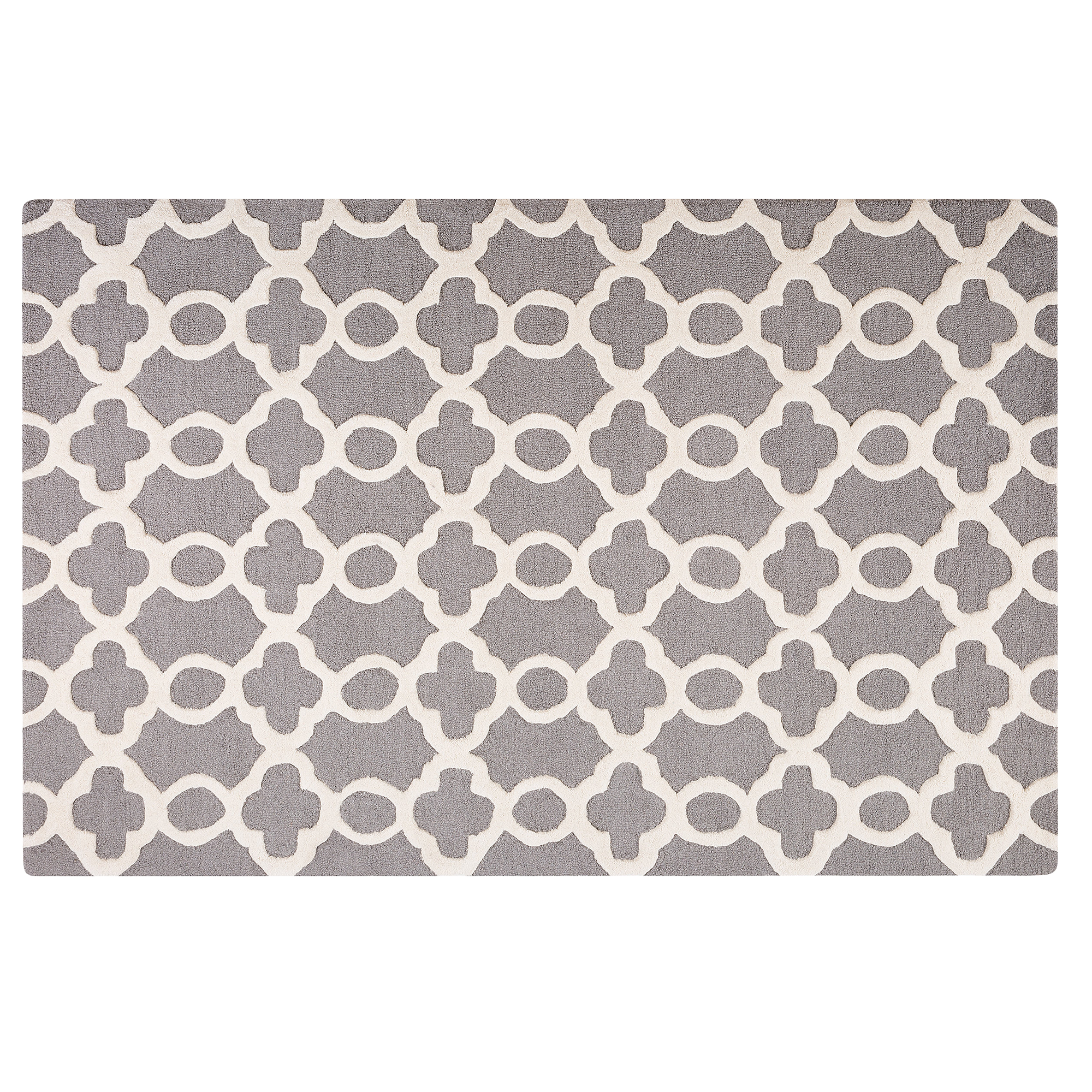 Beliani Rug Grey Wool 140 x 200 cm Trellis Quatrefoil Pattern Hand Tufted Oriental Moroccan Clover