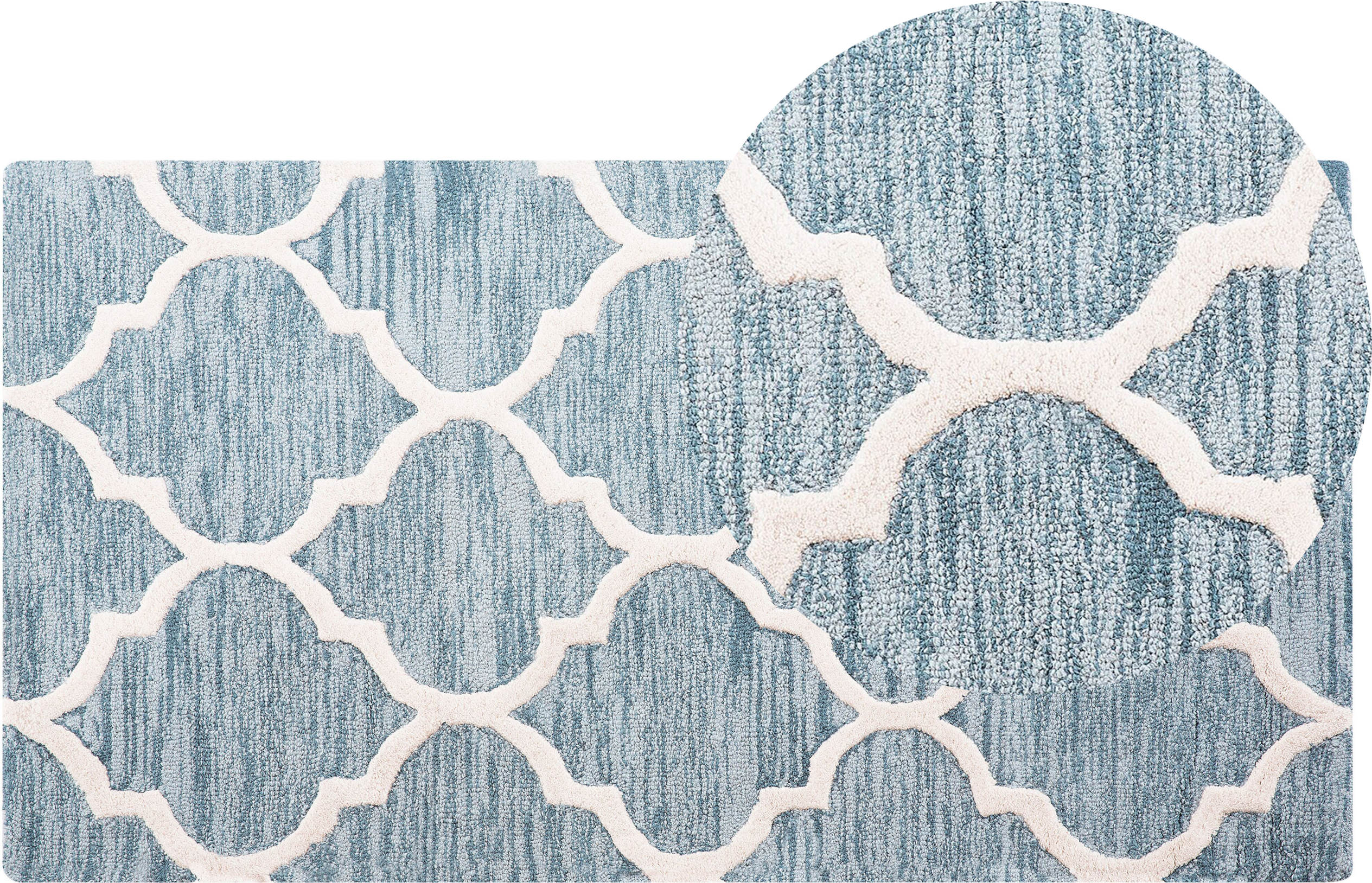 Beliani Rug Blue Wool 80 x 150 cm Trellis Quatrefoil Pattern Hand Tufted Oriental Moroccan Clover