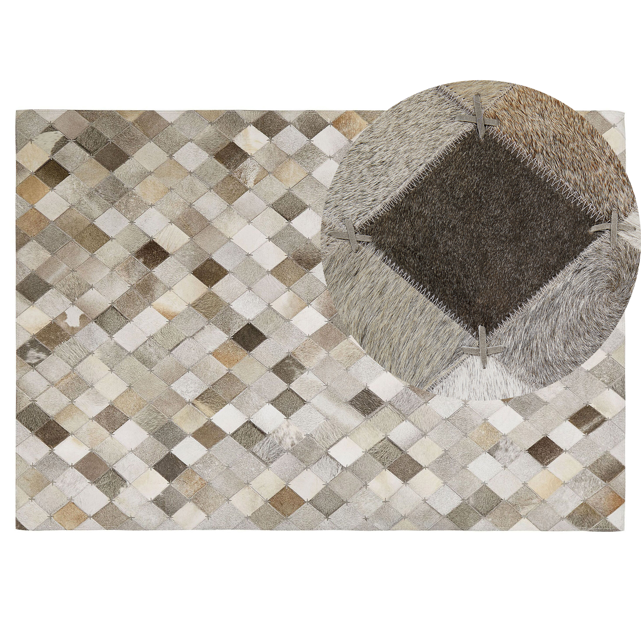 Beliani Area Rug Grey and Brown Cowhide Leather 140 x 200 cm Handcrafted Patchwork Modern Boho