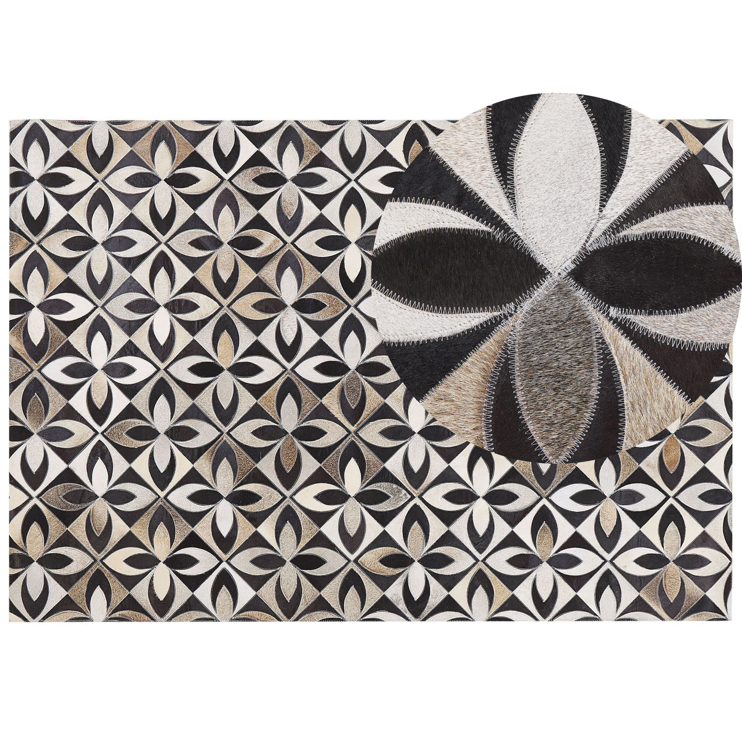 Beliani Area Rug Black and White Cowhide Leather 160 x 230 cm Floral Pattern Patchwork