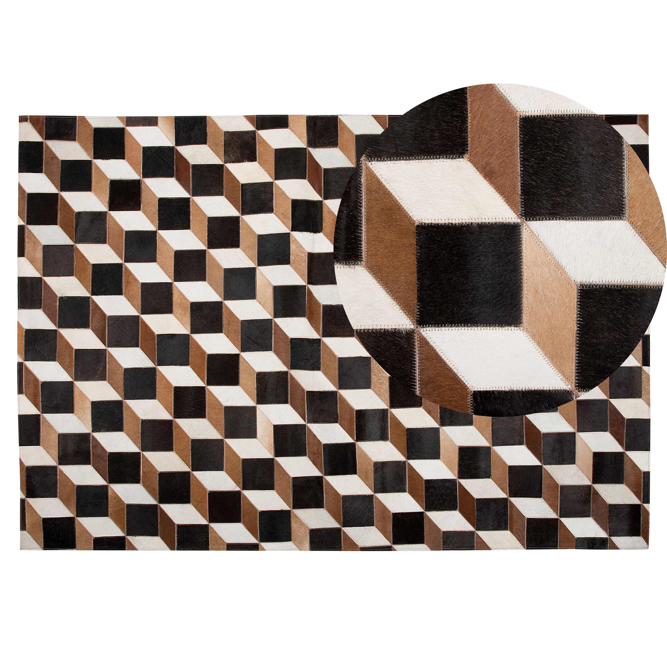 Beliani Rug Brown Leather 140 x 200 cm Modern Patchwork Cowhide 3D Pattern Handcrafted Rectangular Carpet