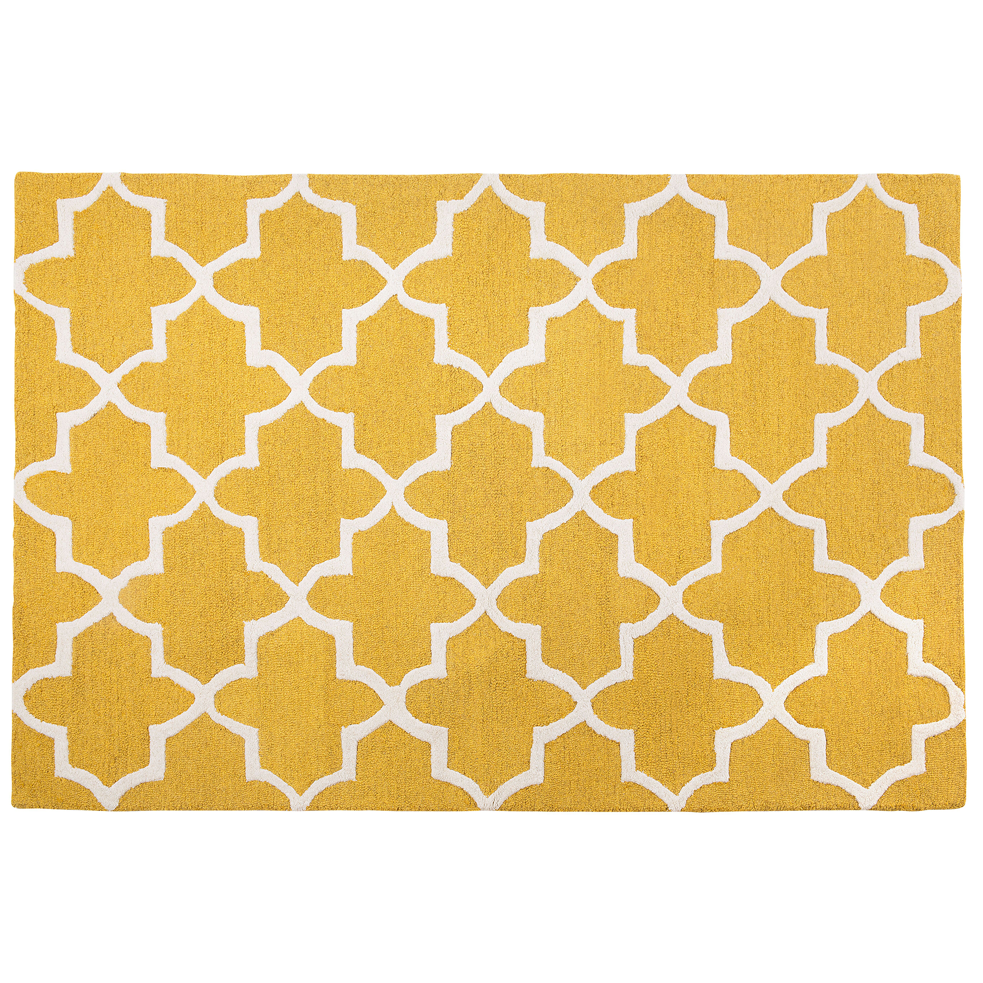 Beliani Area Rug Yellow Wool 160 x 230 cm Trellis Quatrefoil Pattern Hand Tufted Oriental Moroccan Clover