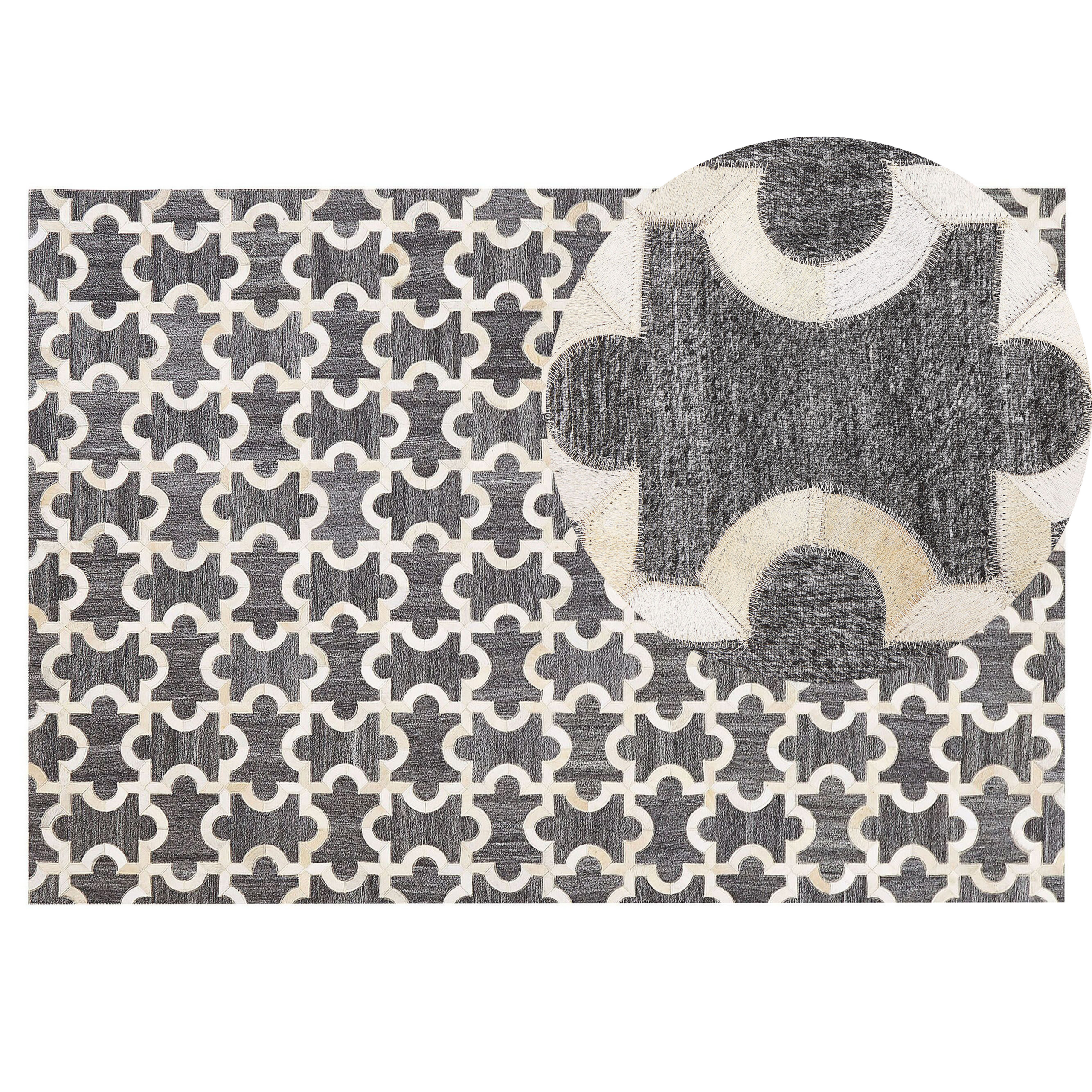 Beliani Area Rug Grey and Beige Jacquard Cowhide Leather Puzzle Geometric Pattern Retro 140 x 200 cm