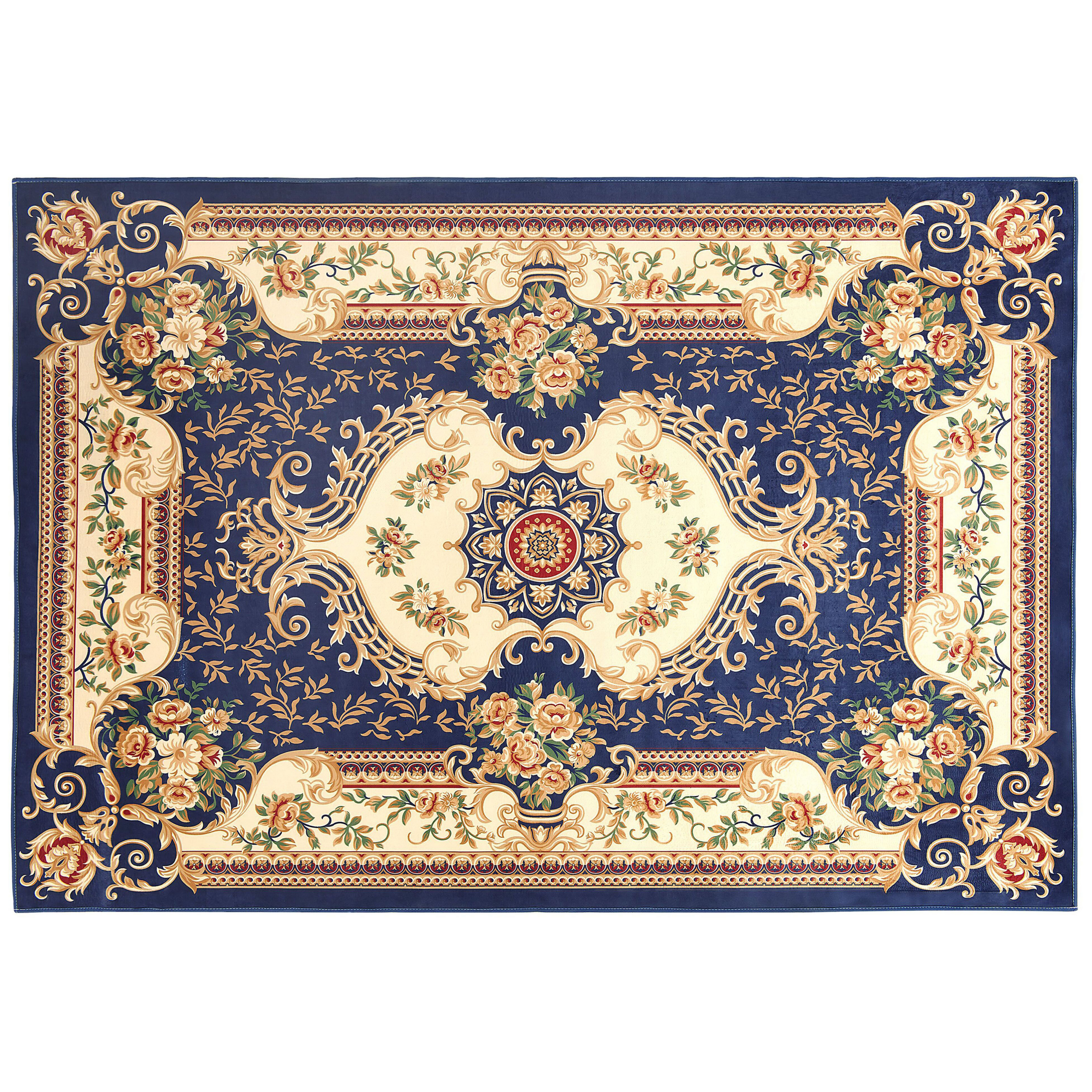 Beliani Area Rug Carpet Blue White Polyester Fabric Floral Victorian Pattern Rubber Coated Bottom 160 x 230 cm