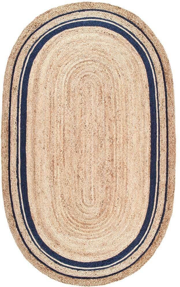 nuLOOM Rikki Braided Border Jute Navy 5 ft. x 8 ft. Oval Rug