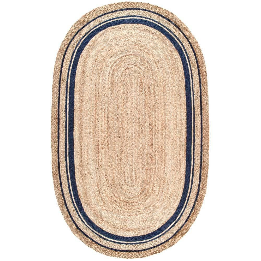 nuLOOM Rikki Braided Border Jute Navy 6 ft. x 9 ft. Oval Rug