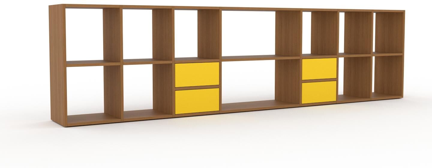 MYCS Holzregal Eiche - Skandinavisches Regal aus Holz: Schubladen in Gelb - 308 x 80 x 35 cm, Personalisierbar