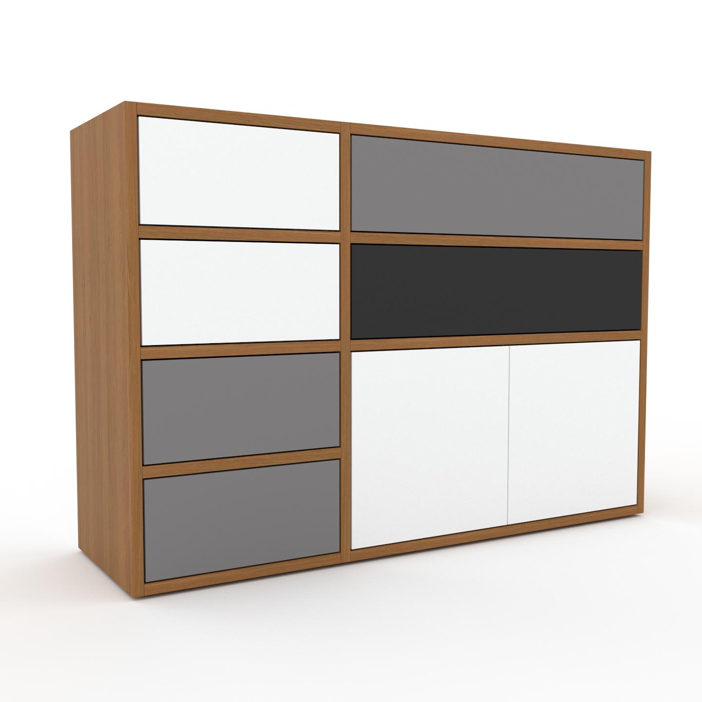 MYCS Wohnwand Weiß - Individuelle Designer-Regalwand: Schubladen in Grau & Türen in Weiß - Hochwertige Materialien - 116 x 80 x 35 cm, Konfigurator