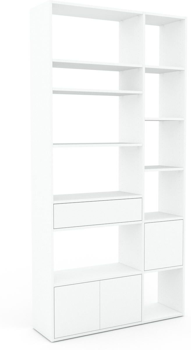 MYCS Bücherregal Weiß - Modernes Regal für Bücher: Schubladen in Weiß & Türen in Weiß - 116 x 233 x 35 cm, konfigurierbar