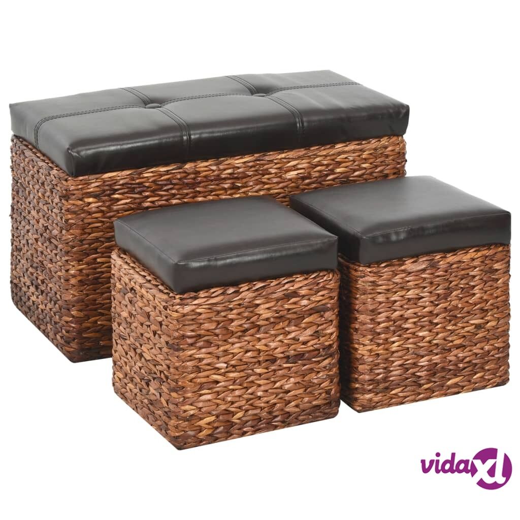 vidaXL Bench with 2 Ottomans Seagrass Brown and Black