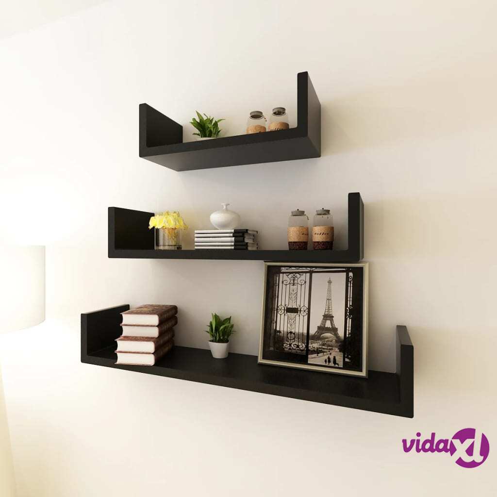 vidaXL 3 Black MDF U-shaped Floating Wall Display Shelves Book/DVD Storage