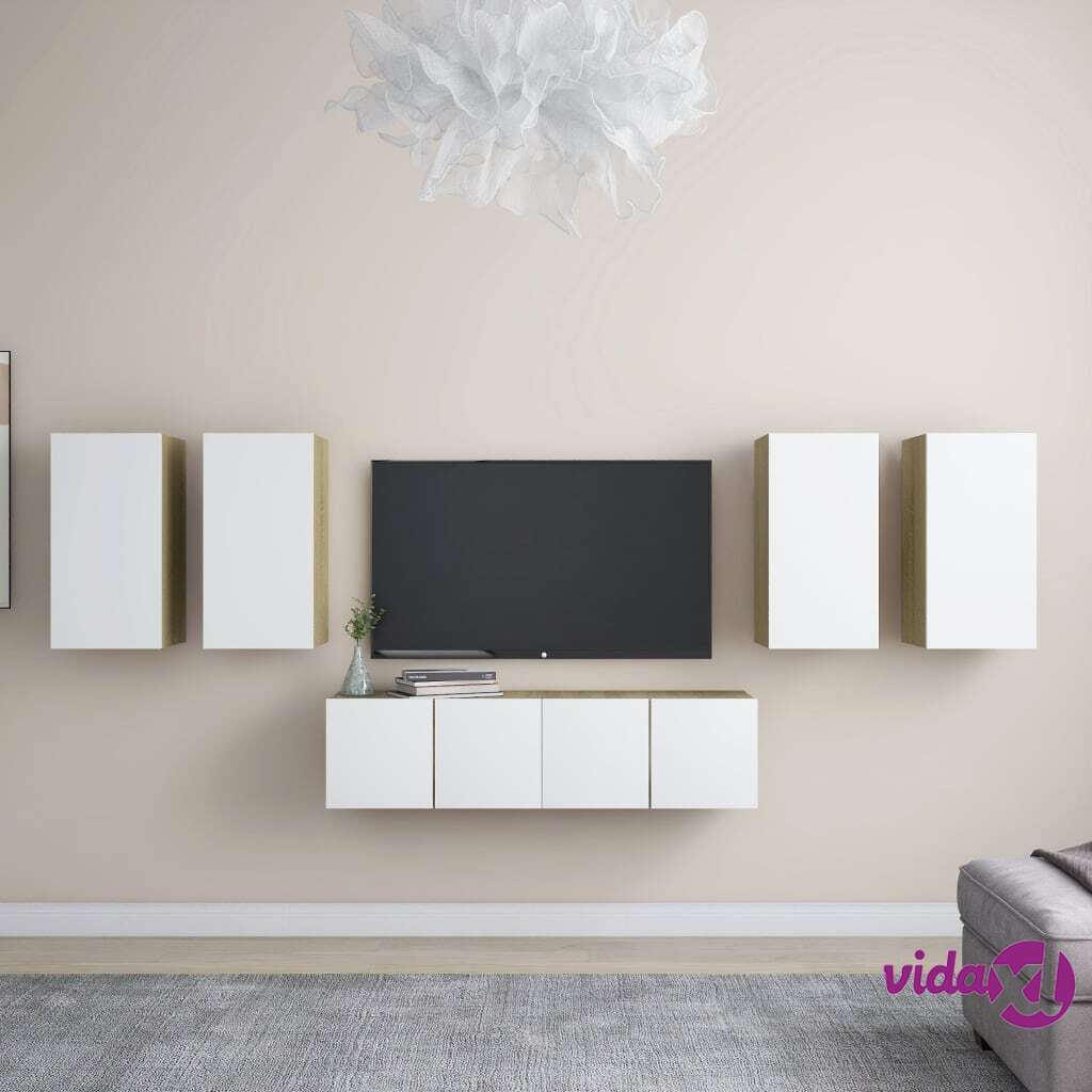 vidaXL 6 Piece TV Cabinet Set White and Sonoma Oak Chipboard