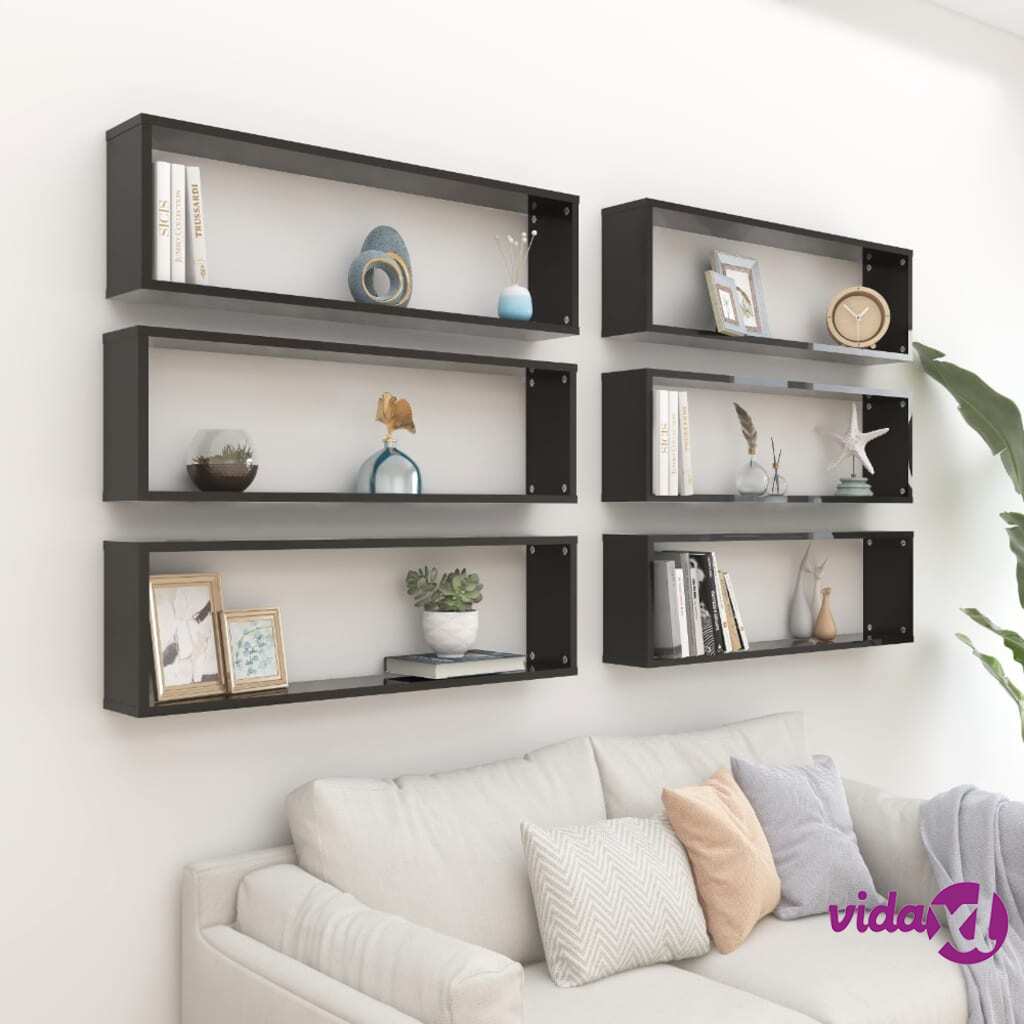 vidaXL Wall Cube Shelves 6 pcs High Gloss Black 100x15x30 cm Chipboard