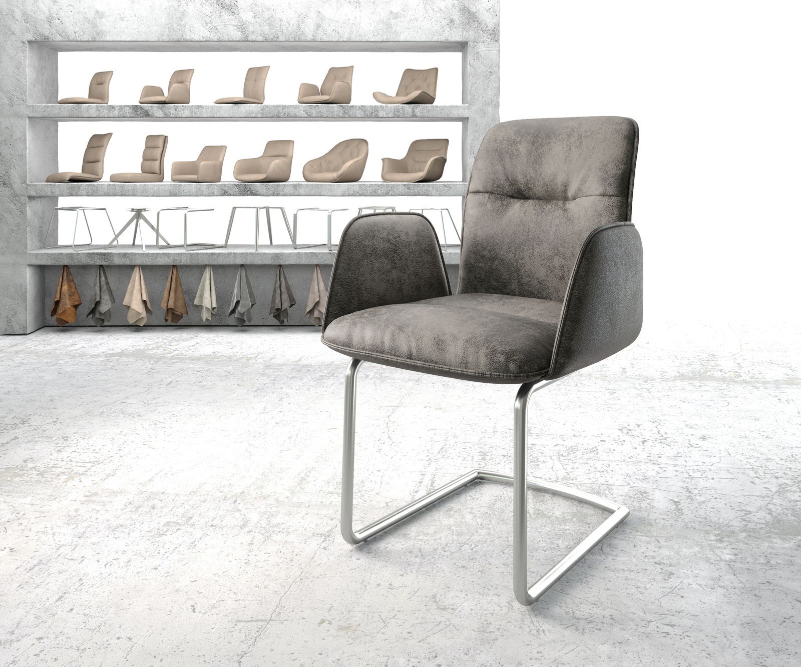 DELIFE Fauteuil Vinja-Flex gris vintage cantilever rond acier inoxydable