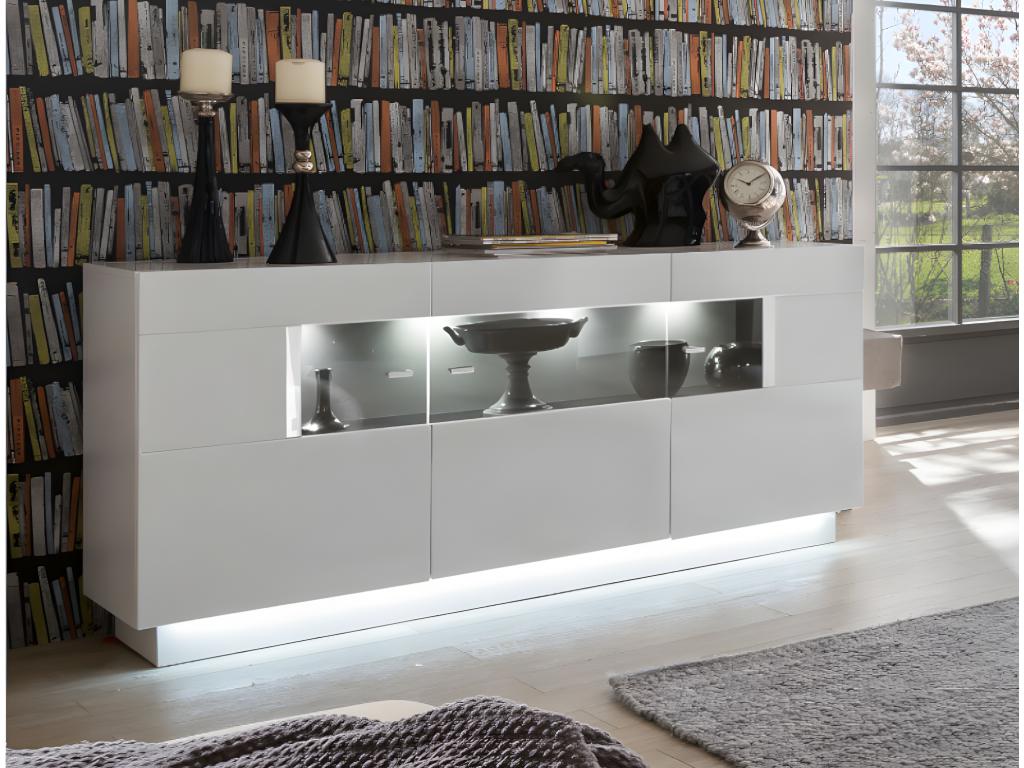 Vente-unique.be Buffet BLAKE - 3 portes - LEDs - MDF laqué - Blanc