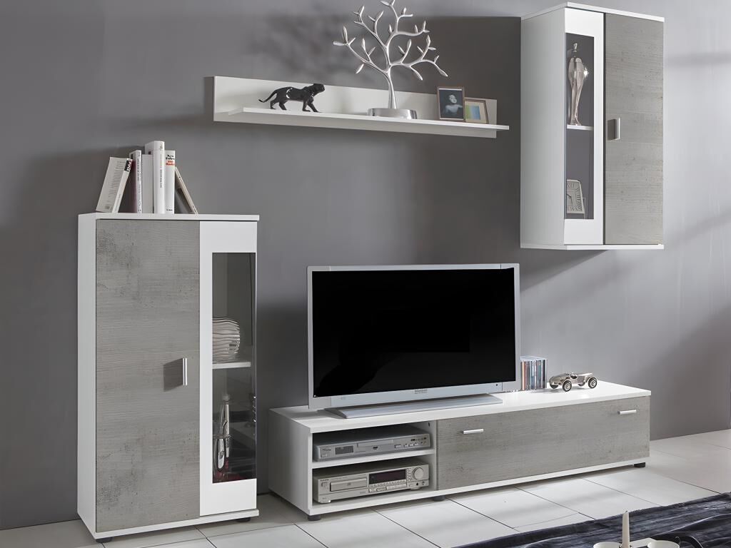 Vente-unique.be Mur TV DYLAN avec rangements - LEDs - Coloris : Blanc et Béton