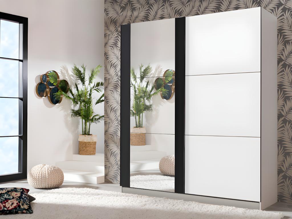 Vente-unique.be Armoire SUTERA - 2 portes coulissantes - Avec miroir - L.217 cm - Blanc et noir