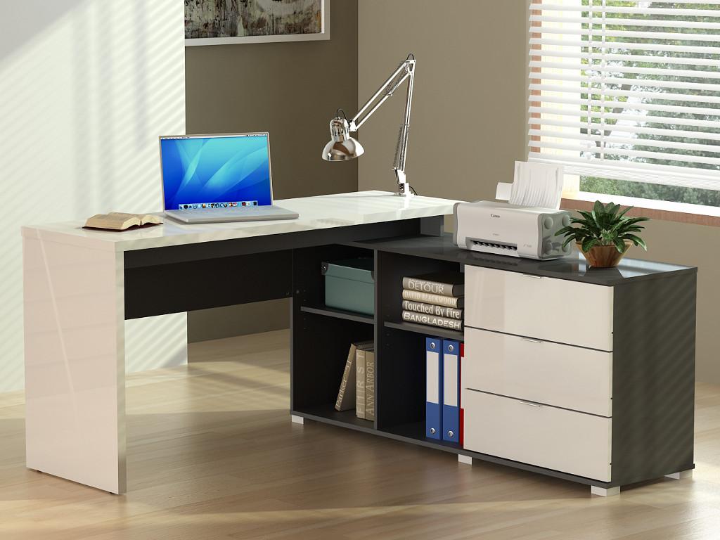 Vente-unique.be Bureau d'angle PIVOLA avec rangements - 3 tiroirs - Blanc & Gris