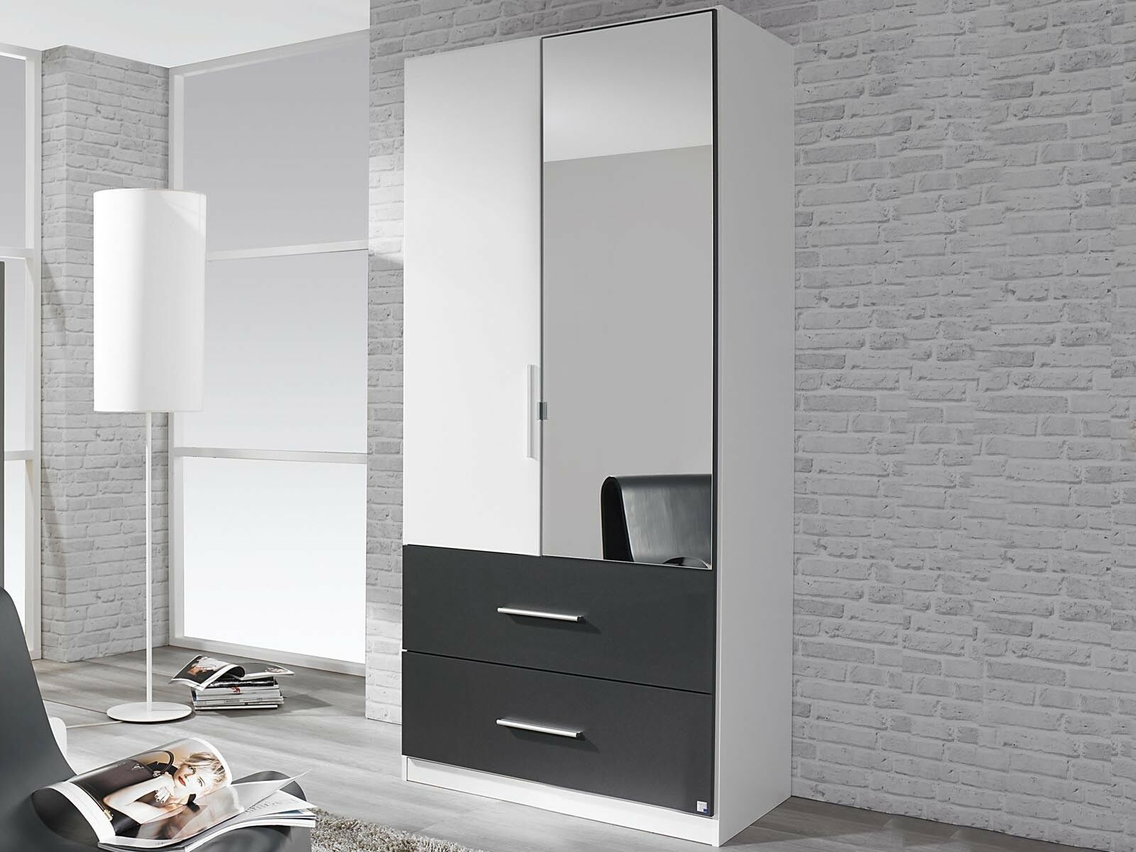 Mobistoxx Armoire ALVARO 2 portes 2 tiroirs blanc/gris lave avec miroir