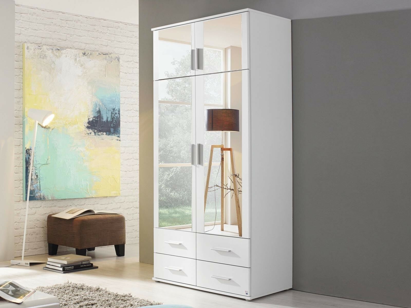 Mobistoxx Armoire KEMMEL 4 portes et 4 tiroirs blanc avec miroir