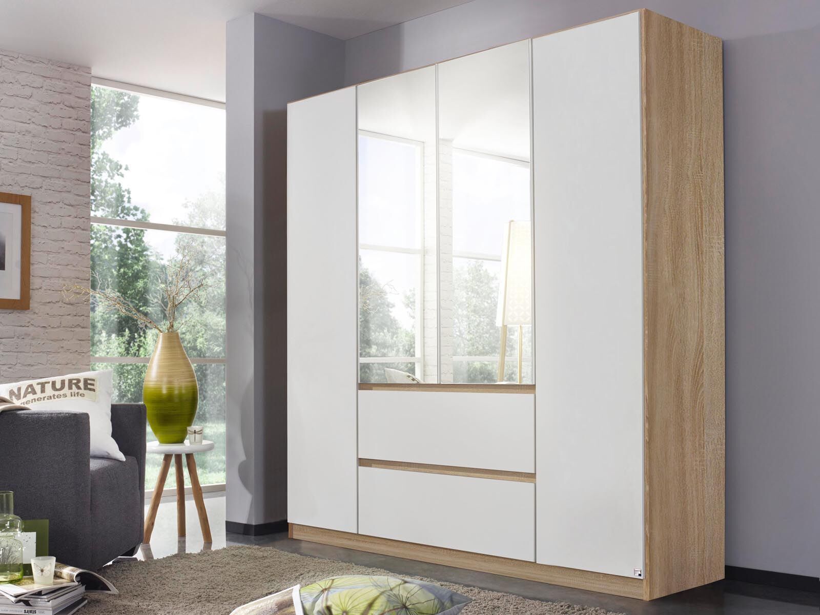 Mobistoxx Armoire MALIS 4 portes 2 tiroirs blanc alpin/chêne sonoma avec miroir