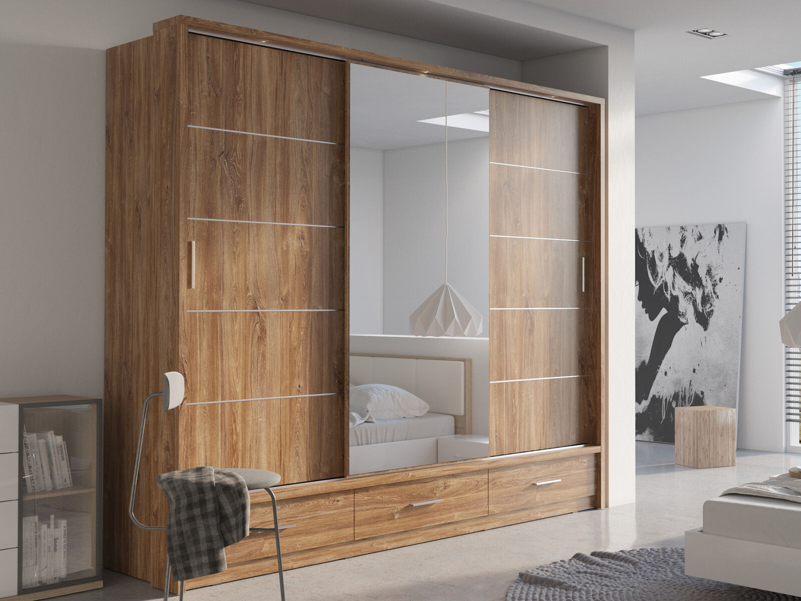 Mobistoxx Armoire ARTEMIS 3 portes 3 tiroirs chêne stirling avec miroir