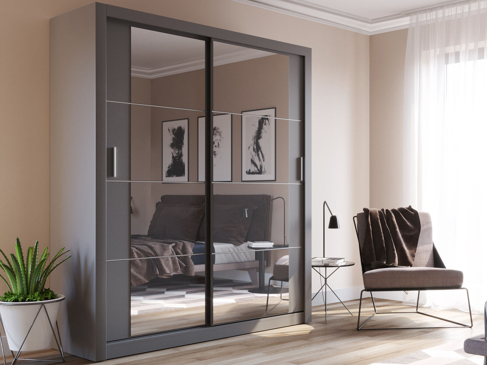 Mobistoxx Armoire ARTARI 2 portes coulissantes gris avec miroir