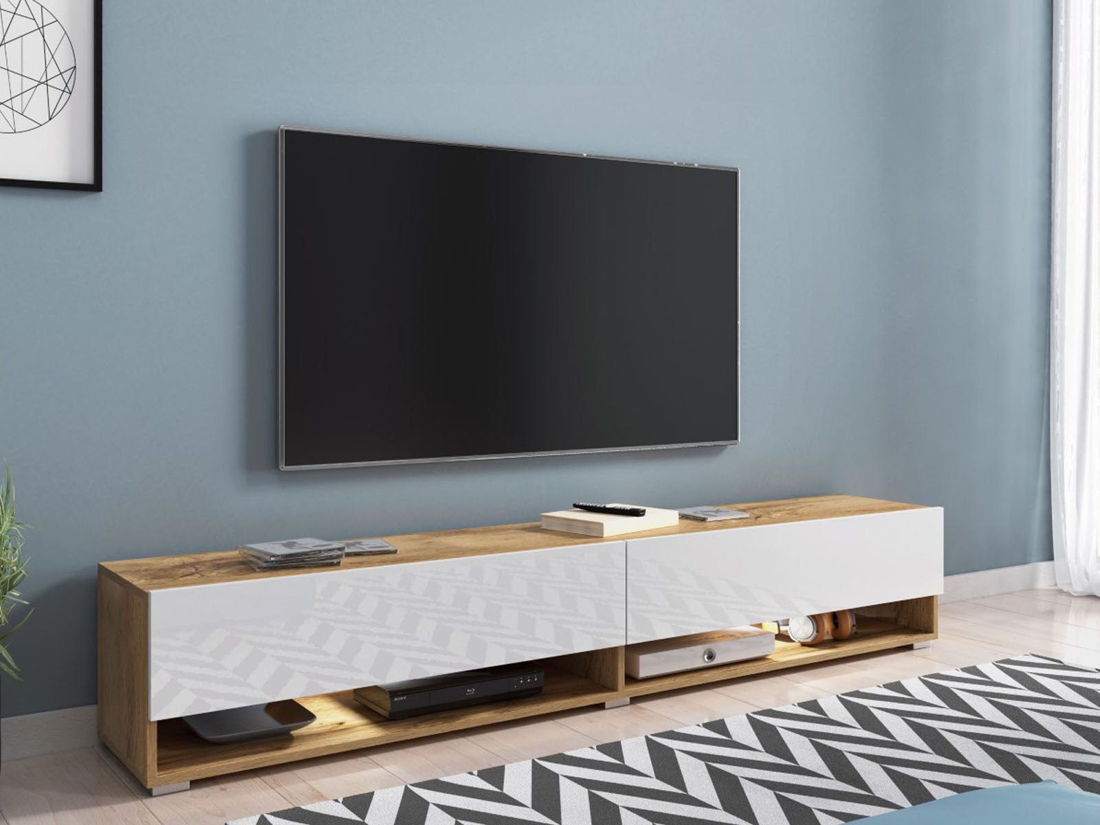 Mobistoxx Meuble tv-hifi ACAPULCO 2 portes battantes 180 cm chêne wotan/blanc brillant sans led