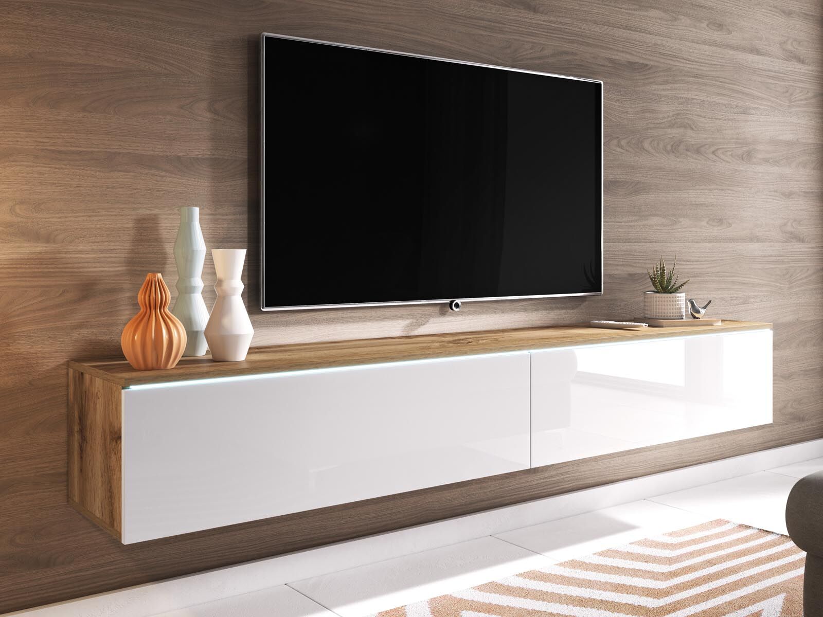 Mobistoxx Meuble tv-hifi DUBAI 2 portes battantes 140 cm blanc laqué/chene wotan sans led