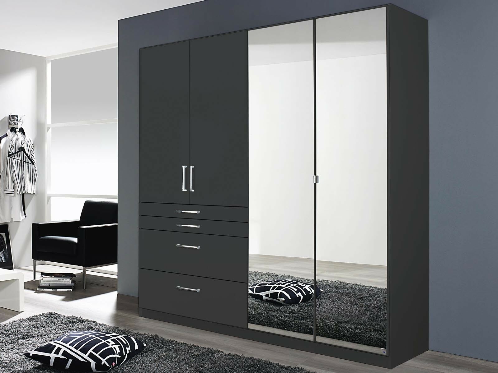 Mobistoxx Armoire HARBOR 4 portes 4 tiroirs gris métal avec miroir