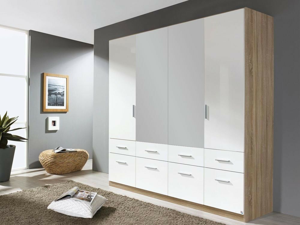 Mobistoxx Armoire CELLON sonoma 4 portes et 8 tiroirs avec miroir blanc brillant