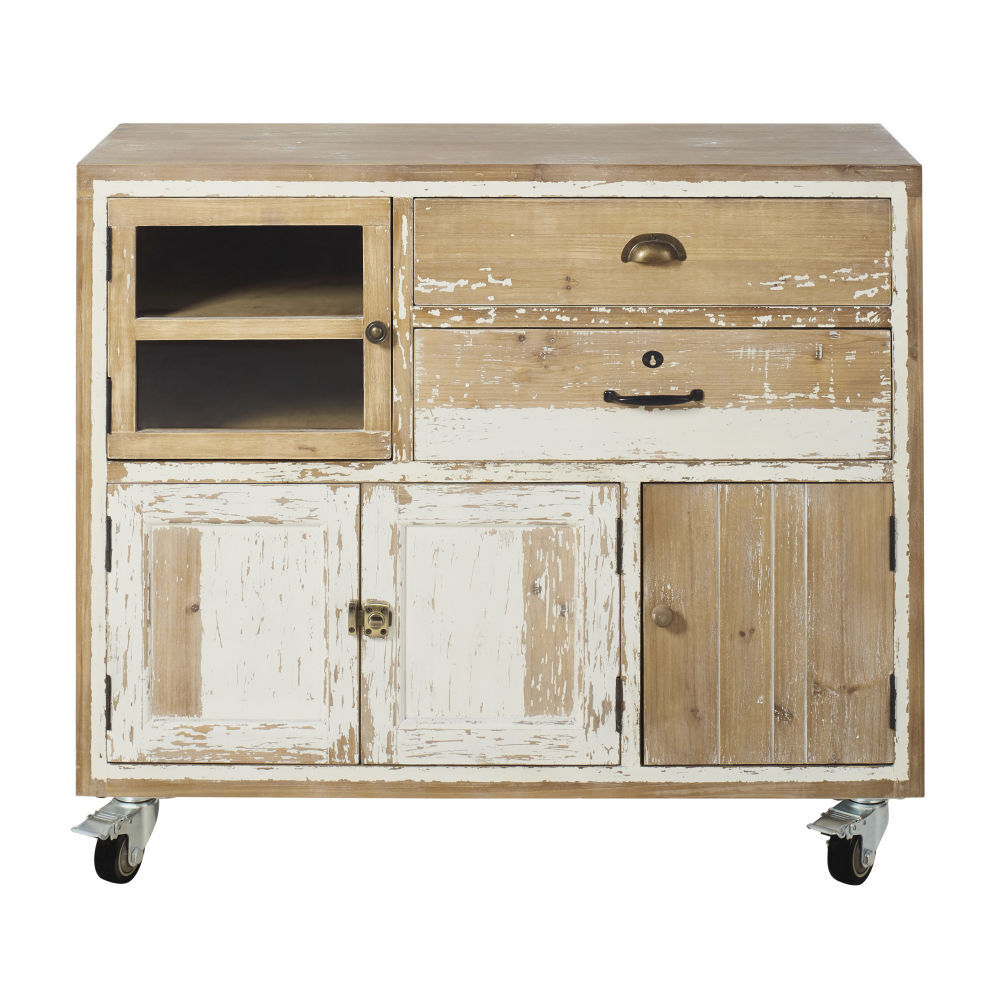 Maisons du Monde Cabinet de rangement 4 portes 2 tiroirs en pin recyclé blanchi à roulettes