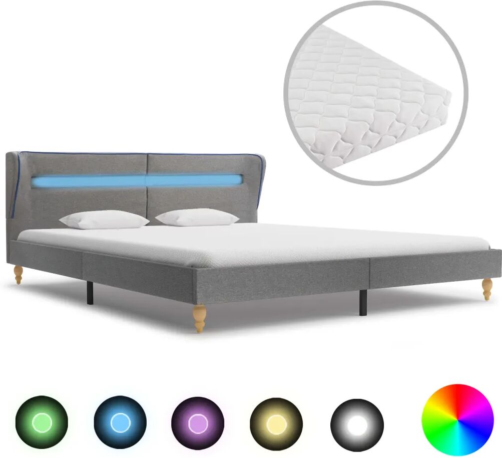 vidaXL Lit avec LED et matelas Gris clair Tissu 180 x 200 cm