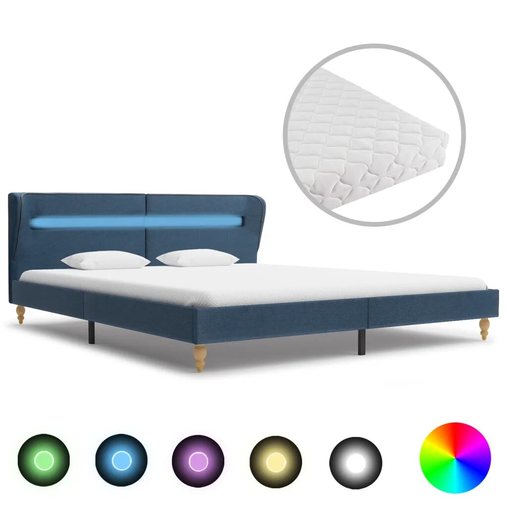 vidaXL Lit avec LED et matelas Bleu Tissu 160 x 200 cm