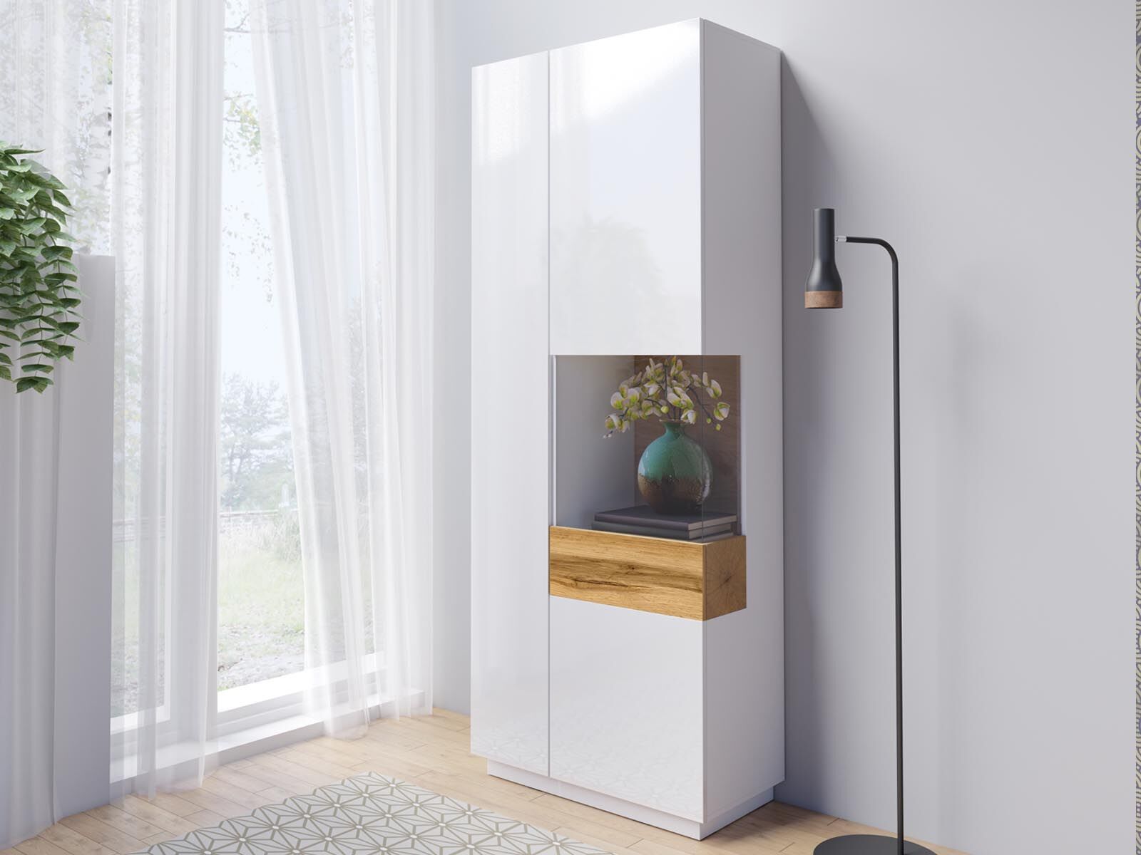 Mobistoxx Vitrine SILAC 2 portes (droite) blanc/chêne wotan avec led