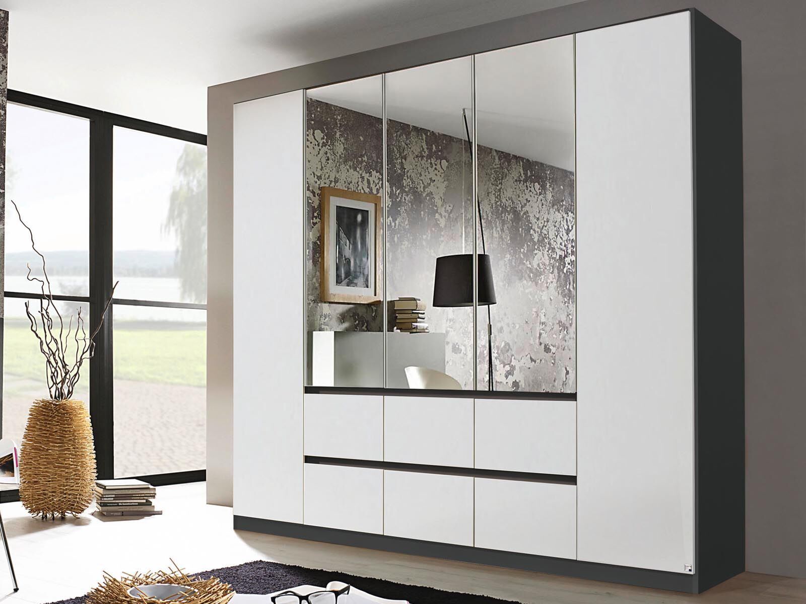 Mobistoxx Armoire MALIS 5 portes 6 tiroirs blanc alpin/gris métal avec miroir