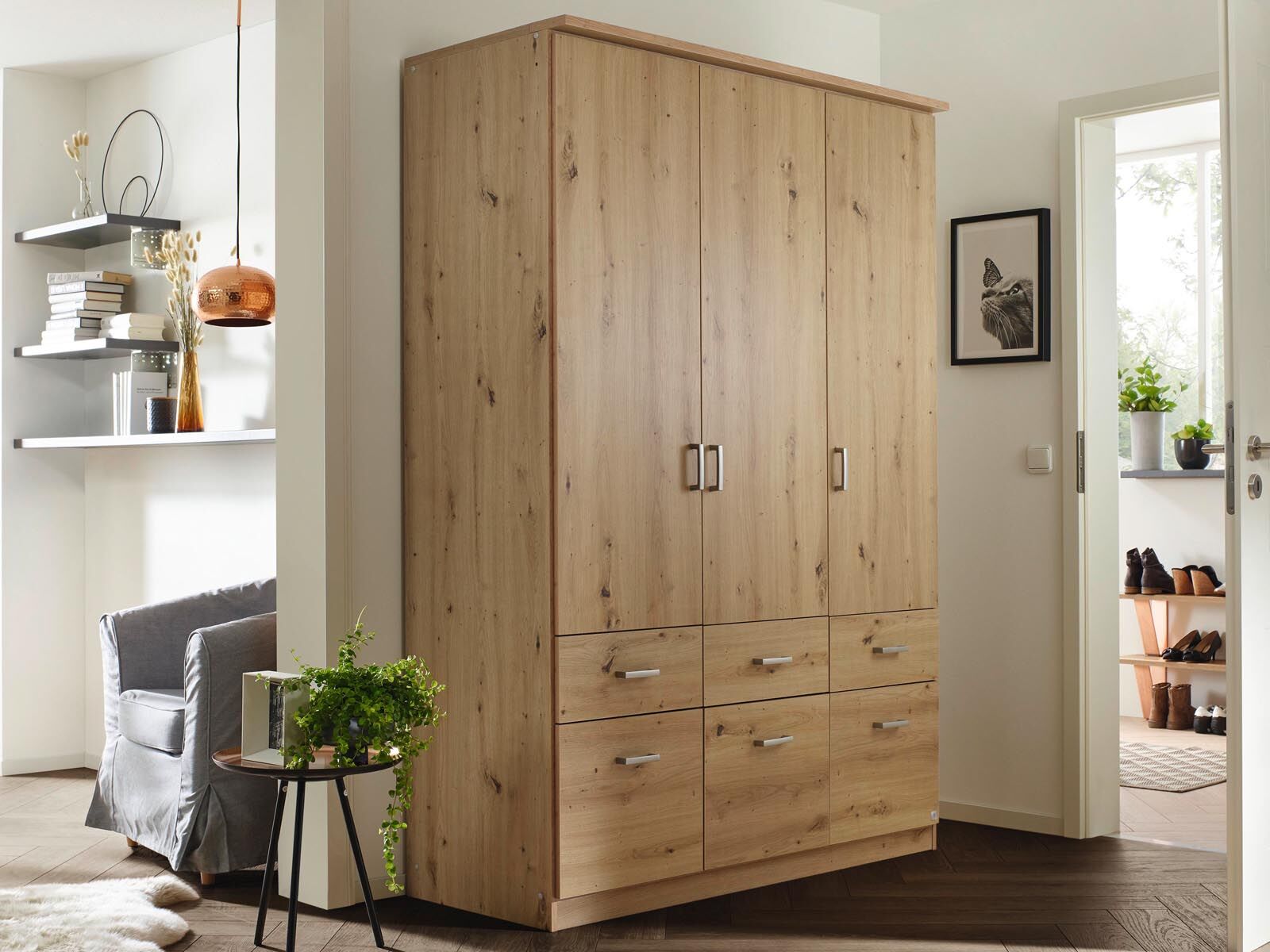 Mobistoxx Armoire BREMA 3 portes 6 tiroirs chêne artisan sans miroir