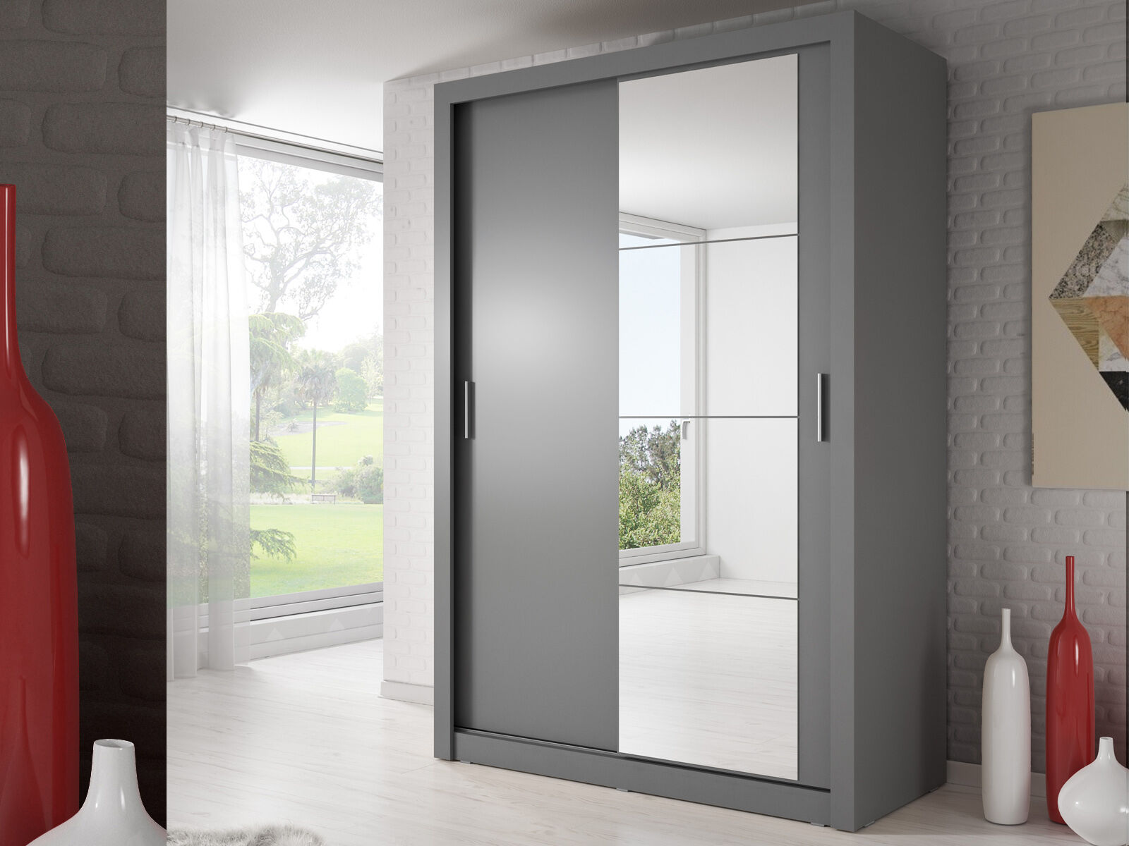 Mobistoxx Armoire ARTIFICE 2 portes coulissantes gris avec miroir