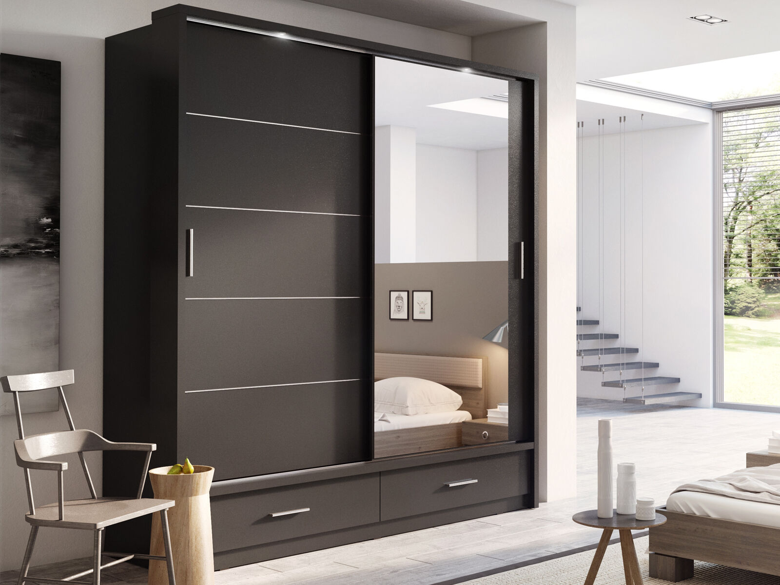 Mobistoxx Armoire ARTUS 2 portes coulissantes 2 tiroirs noir avec miroir