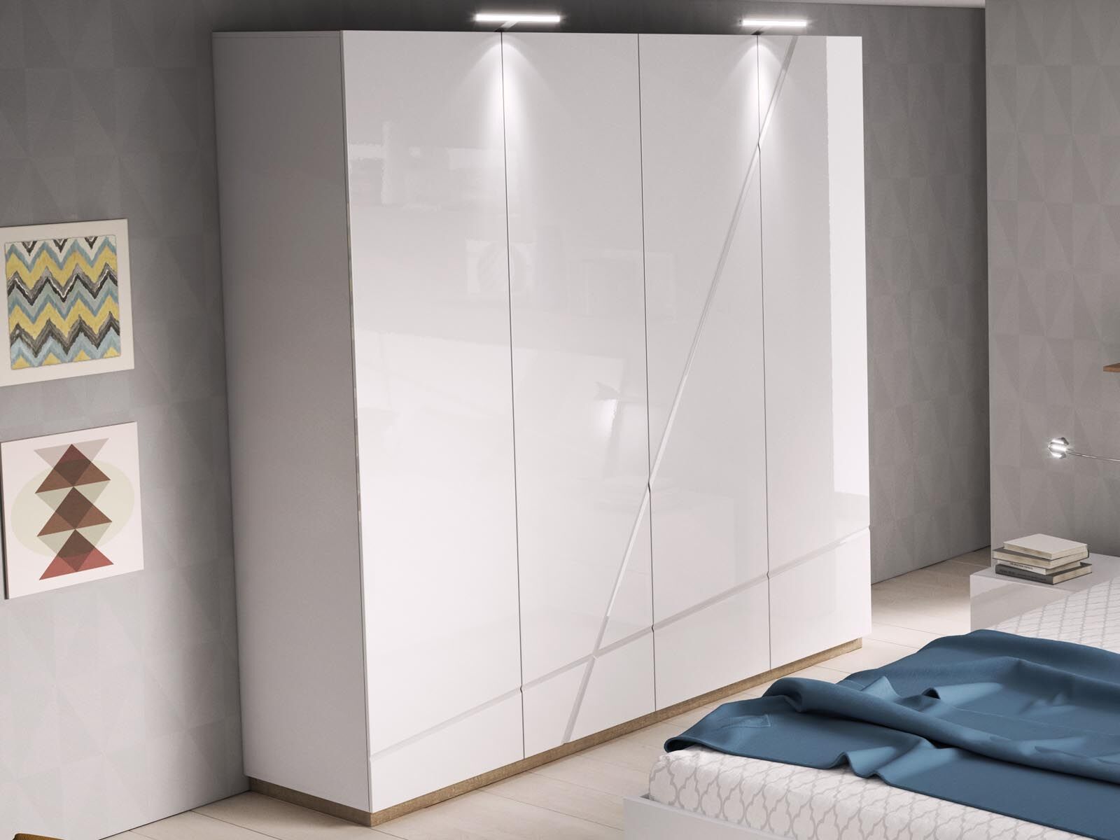 Mobistoxx Armoire FUTURO 4 portes blanc mat/blanc laqué avec led