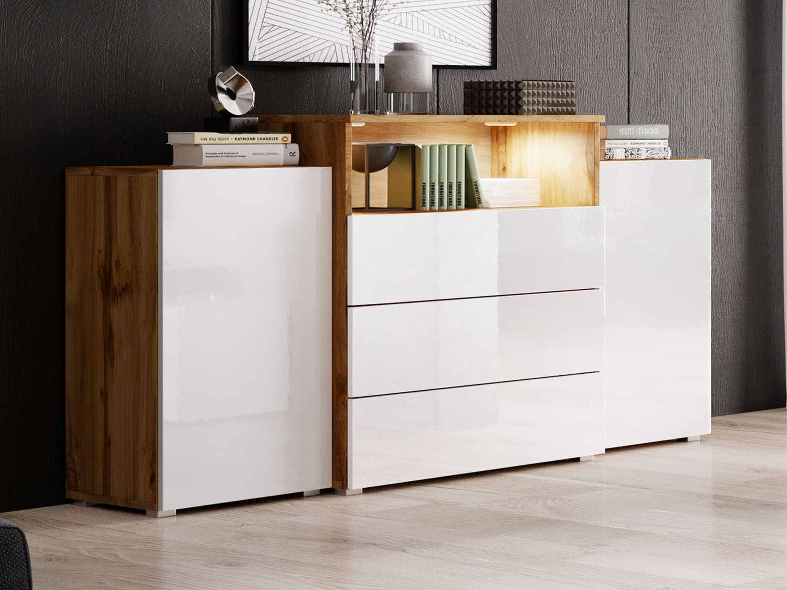 Mobistoxx Buffet/bahut URBY 2 portes 3 tiroirs blanc brillant/chêne wotan avec led