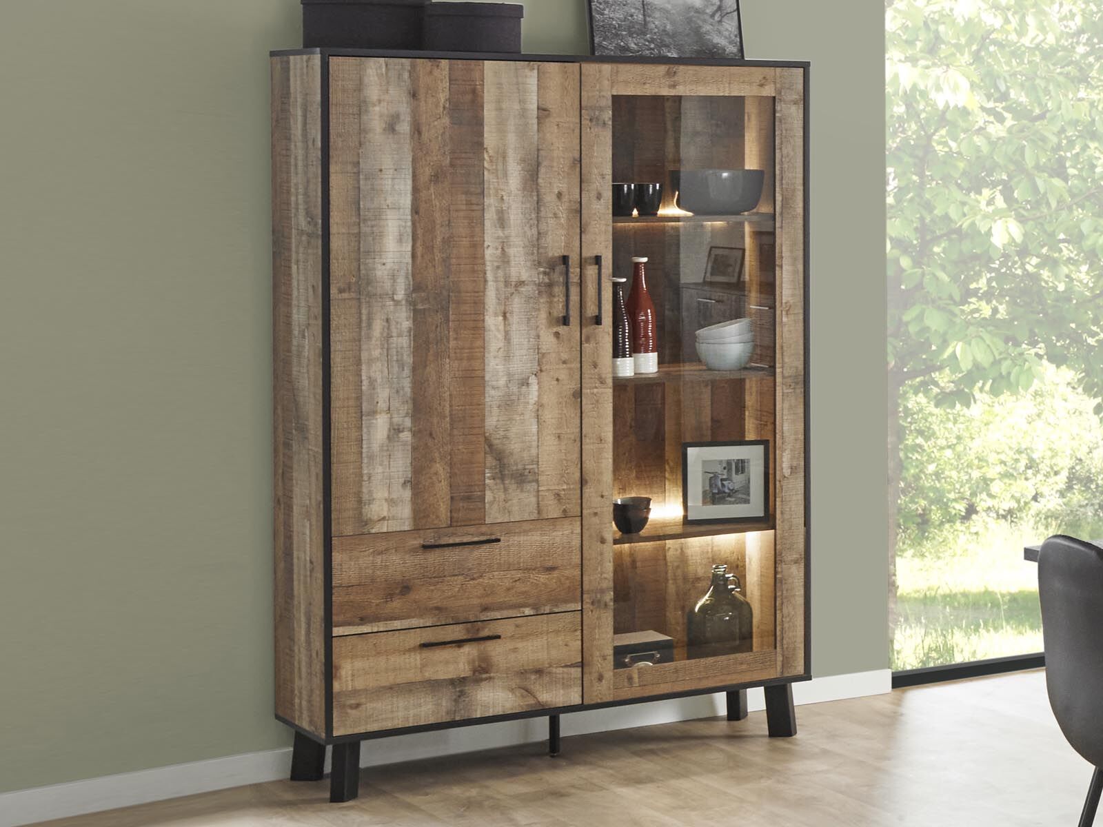 Mobistoxx Vitrine KIKO 2 portes 2 tiroirs atlantic wood avec led