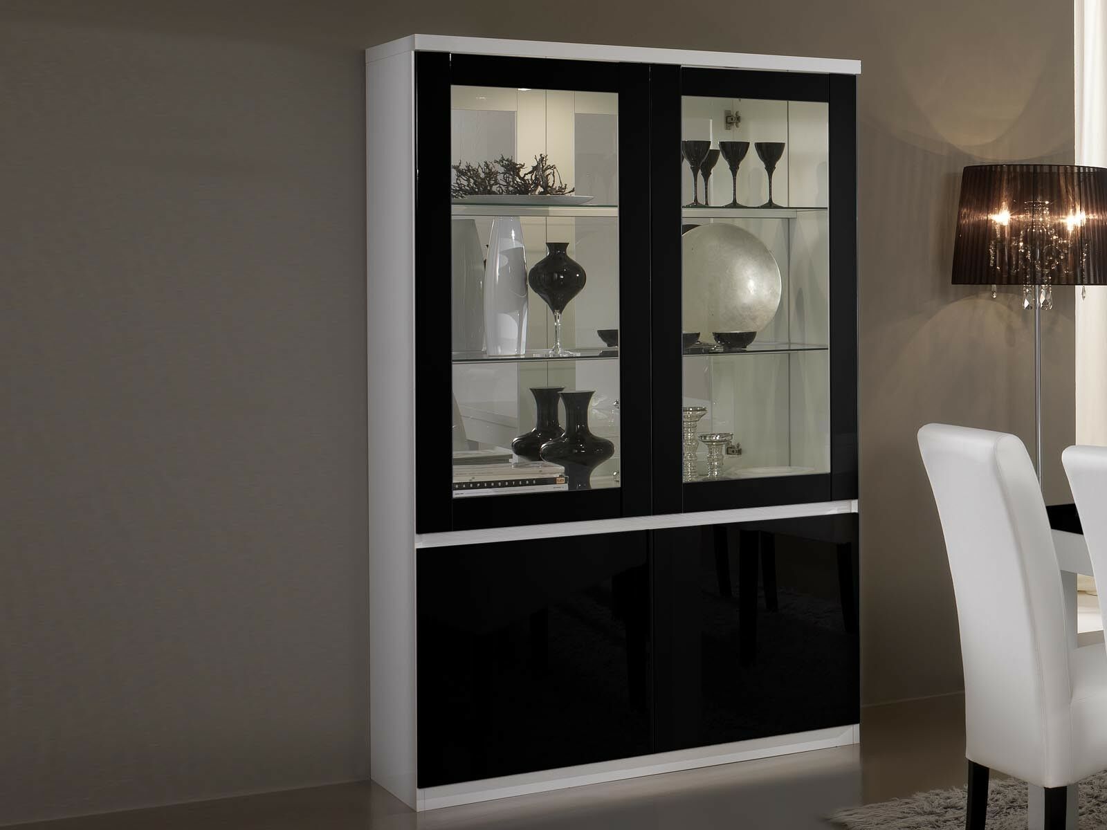 Mobistoxx Vitrine ROMEO 4 portes blanc laque/noir laque avec led