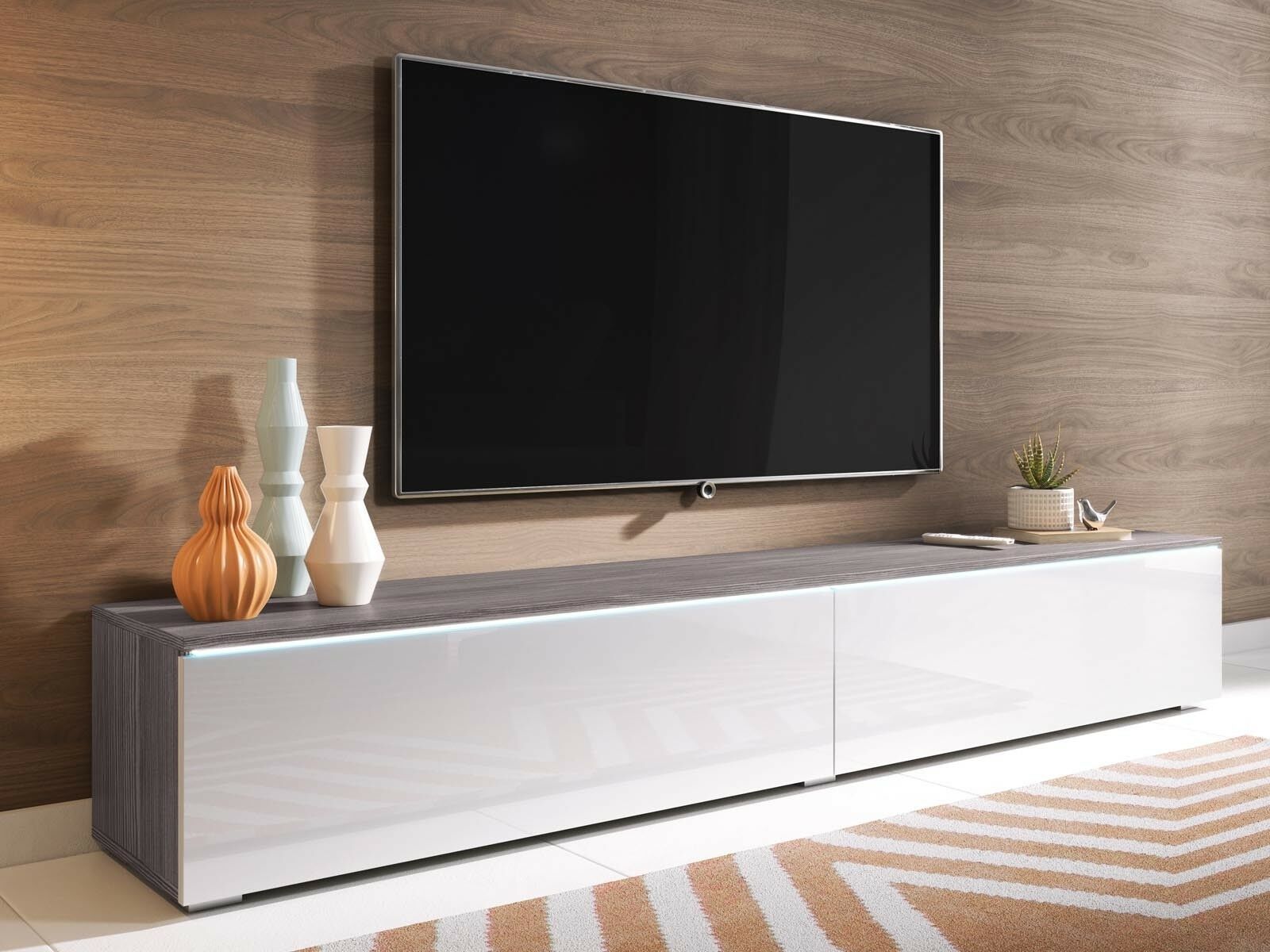 Mobistoxx Meuble tv-hifi DUBAI 2 portes battantes 180 cm pin bodega/blanc brillant avec led