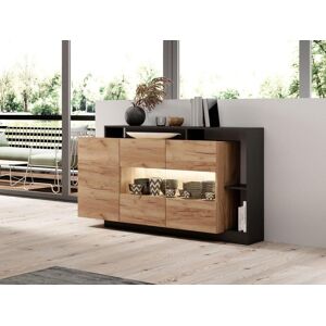 Vente-unique.ch Sideboard mit 3 Türen & 3 Ablagen + LEDs - Anthrazit & Naturfarben - IDESIA