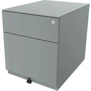 BISLEY Rollcontainer Note™, mit 1 Hängeregistratur, 1 Universalschublade, HxBxT 502 x 420 x 565 mm, mit Griffleiste und Top, silber