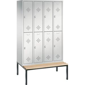 C+P CLASSIC Garderobenschrank mit untergebauter Sitzbank, doppelstöckig, 4 Abteile, je 2 Fächer, Abteilbreite 300 mm, lichtgrau